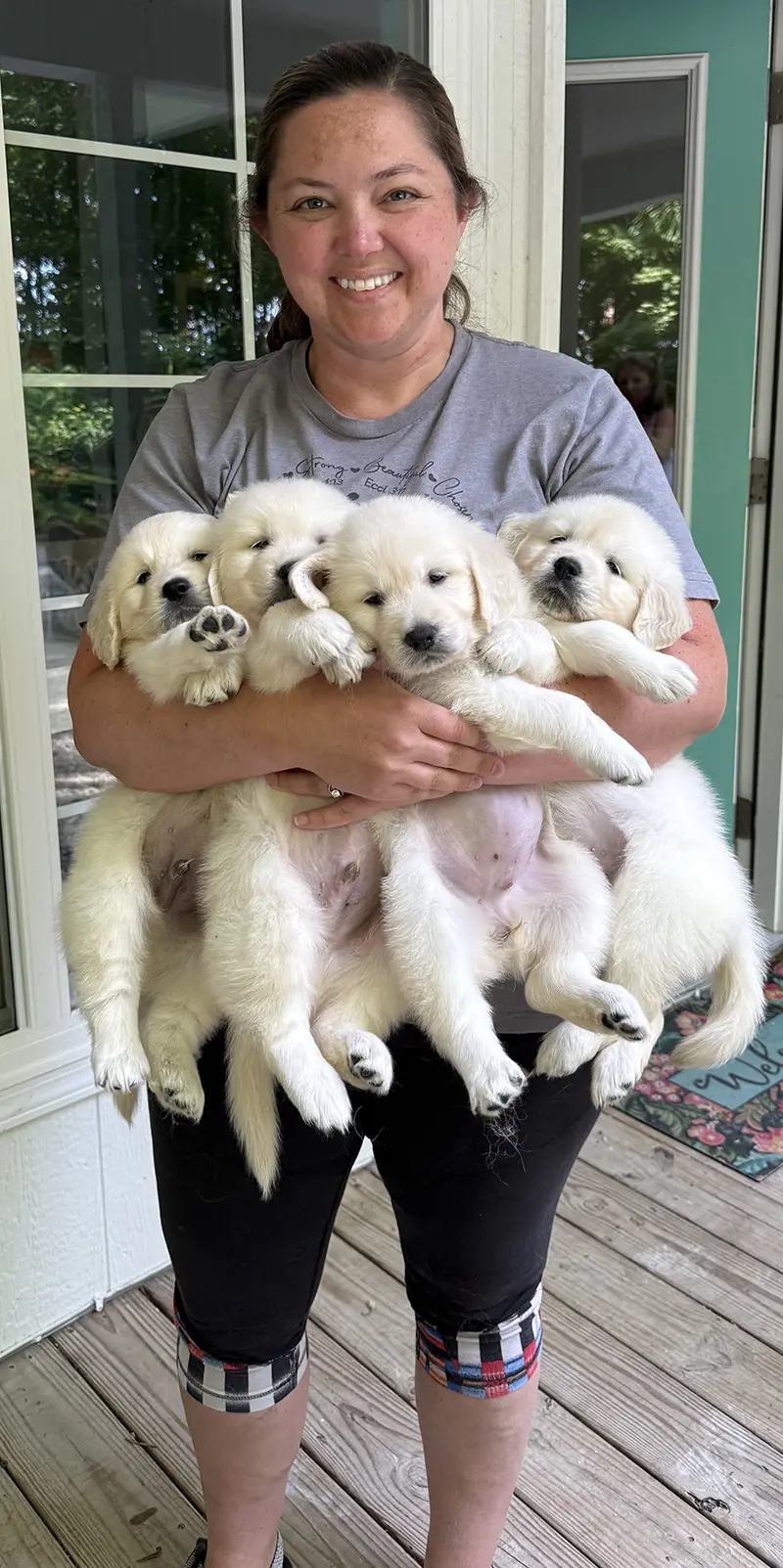 Boy holding a dressed up puppy