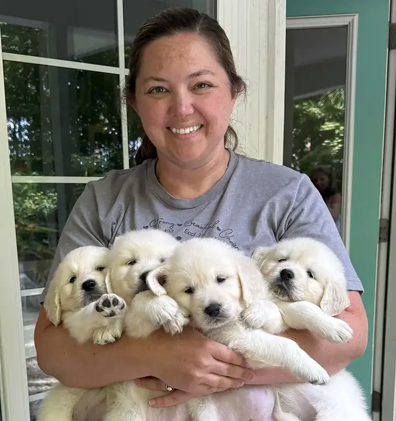Cayla holding four puppies up