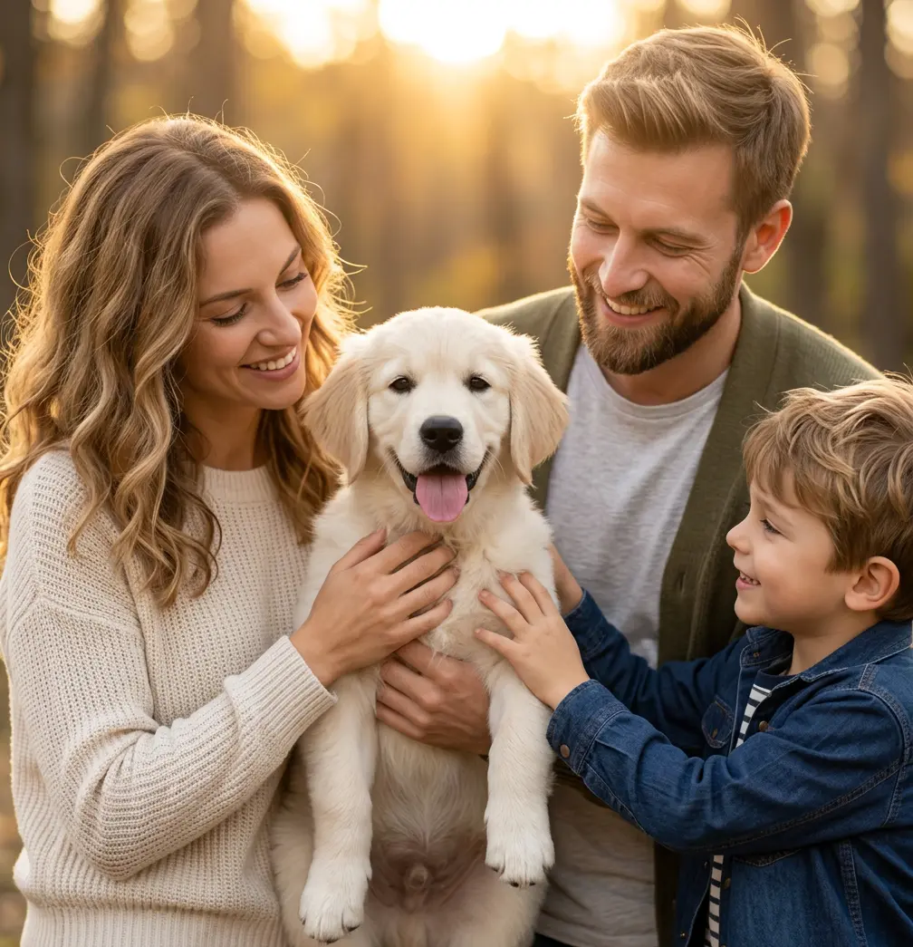 Family holding up a puppy